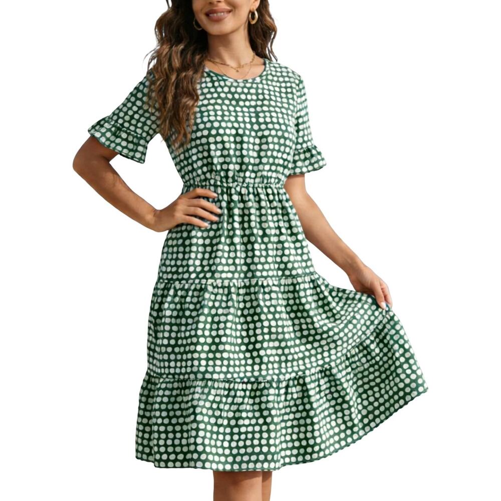 Womens Dress XL Green White Polka Dot Tiered Ruffle Sleeve V Neck Elastic Waist